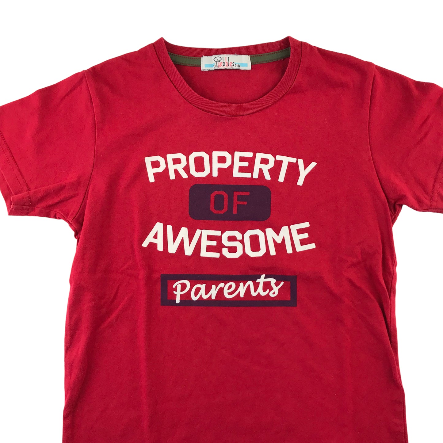 Pebbles t-shirt 7-8 years red short sleeve Property of Awesome Parents print