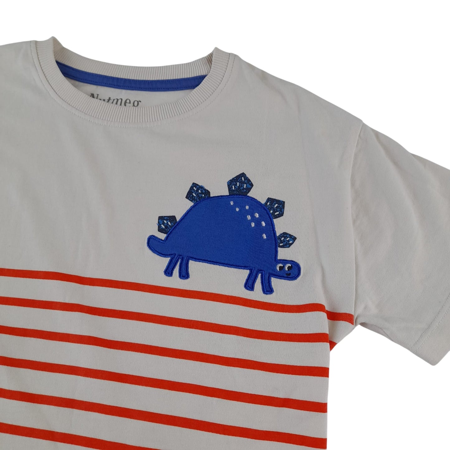 Nutmeg t-shirt 5-6 years white with orange strips and blue Stegosaurus