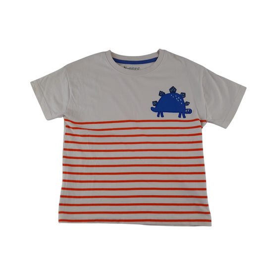 Nutmeg t-shirt 5-6 years white with orange strips and blue Stegosaurus