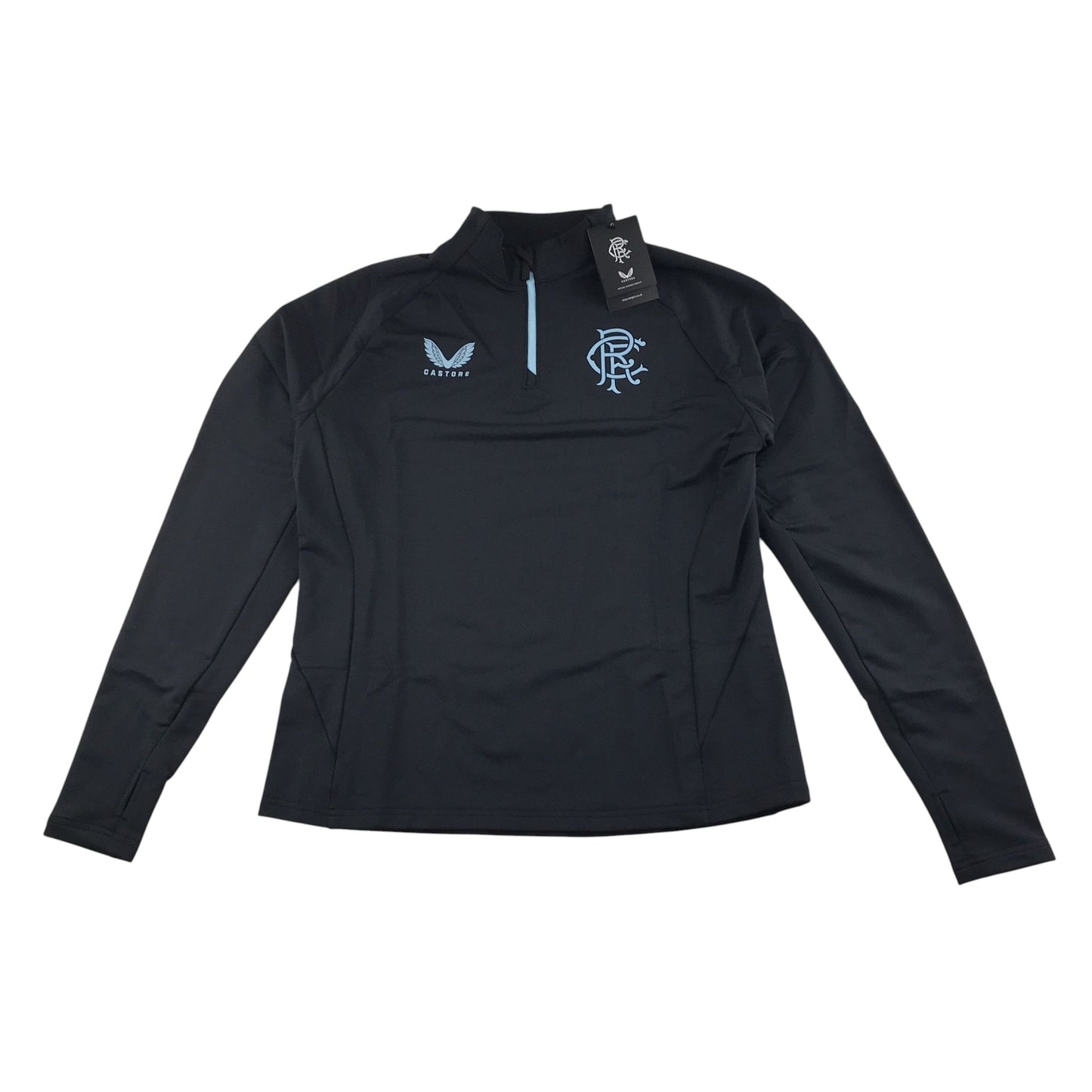 Castore Rangers FC Pro Players Womens 1/4 Zip Training Top Black With Light Blue Logo