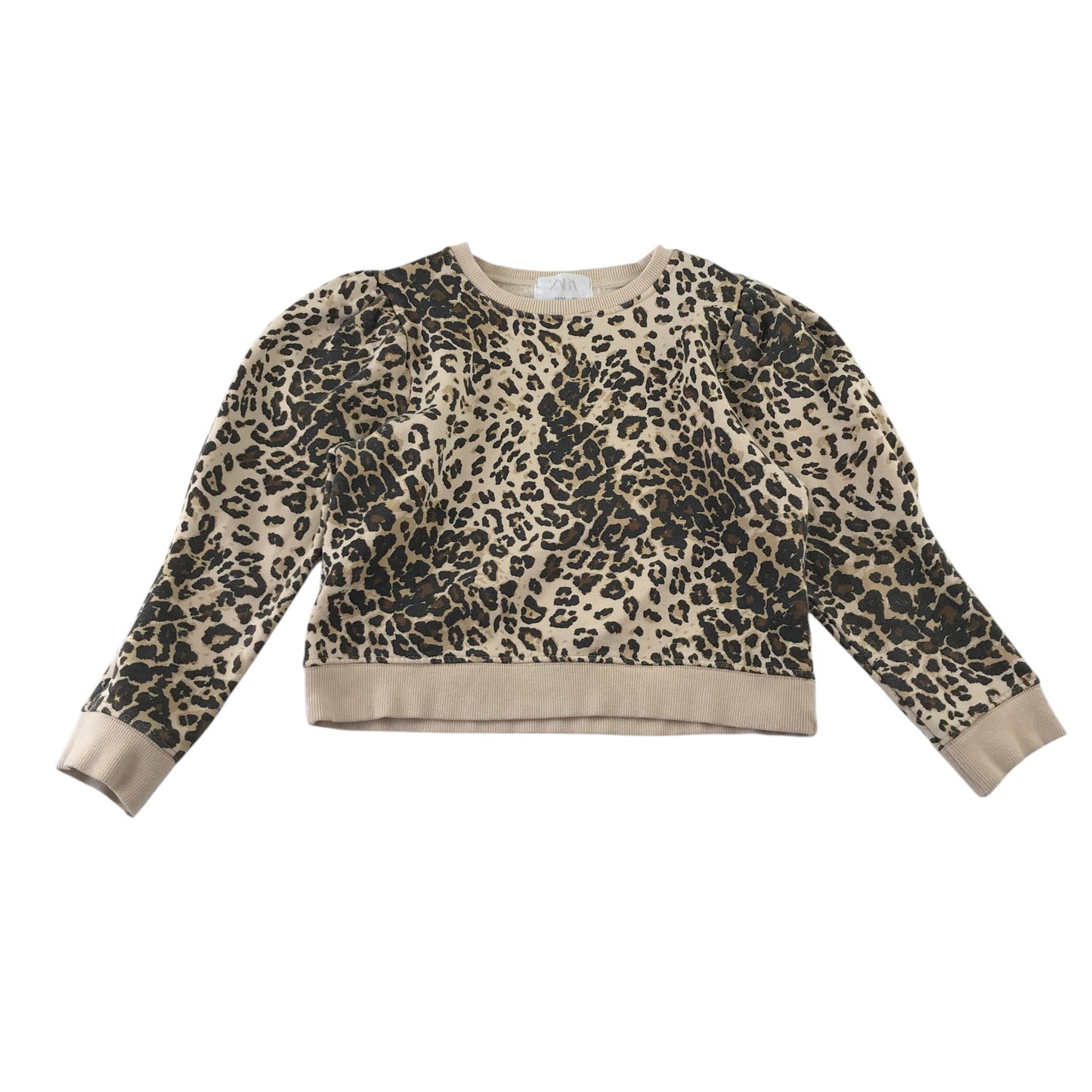 Zara 11-12 years beige sweater leopard spot puff shoulder cotton polyester
