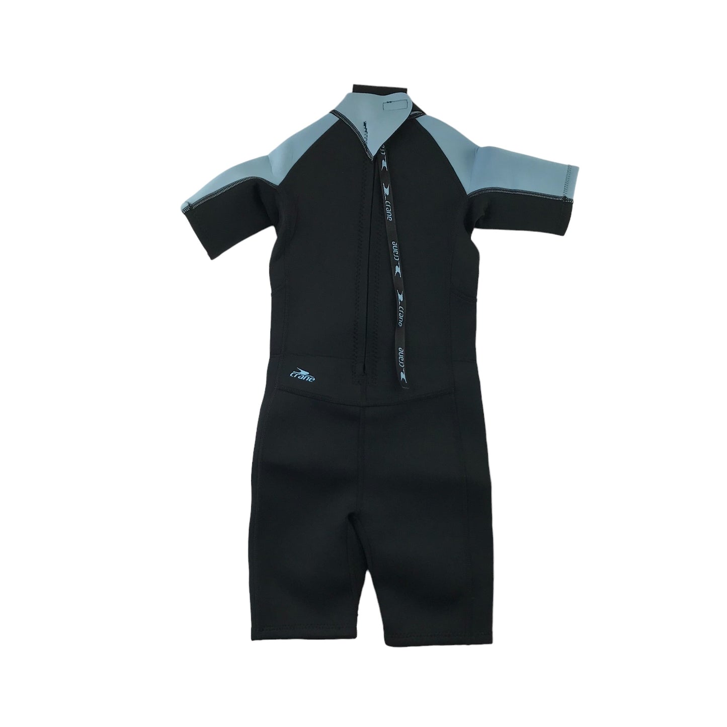 Crane wetsuit 7-8 years black and light blue short sleeve and leg