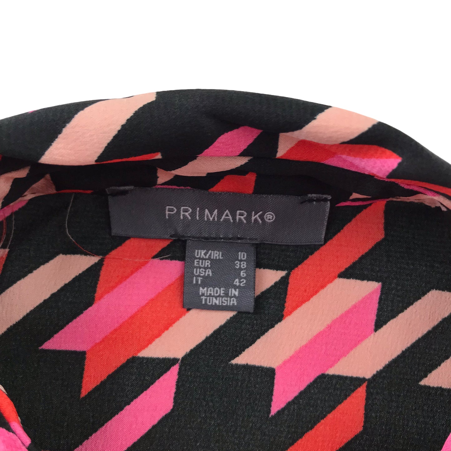 Primark blouse womens size UK 10 pink red and black graphic printed long sleeve button up