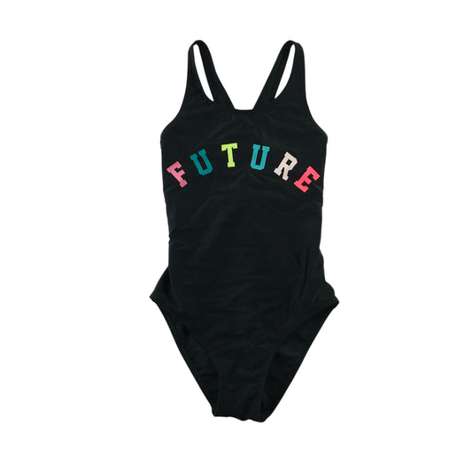 M&S swimsuit 12-13 years black future print text one piece cossie