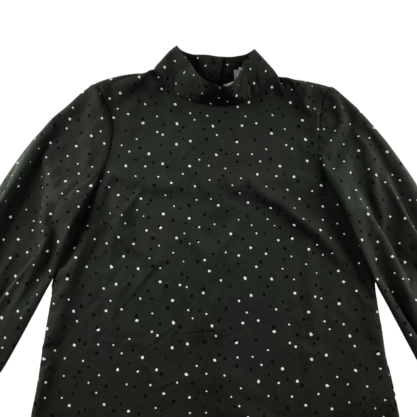 H&M blouse womens size UK 8 dark khaki polka dot pattern long sleeve button up