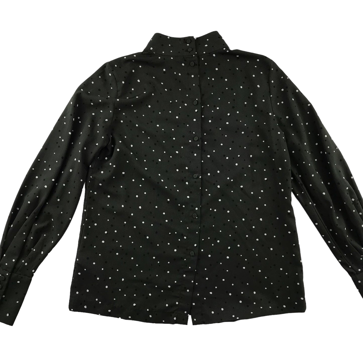 H&M blouse womens size UK 8 dark khaki polka dot pattern long sleeve button up