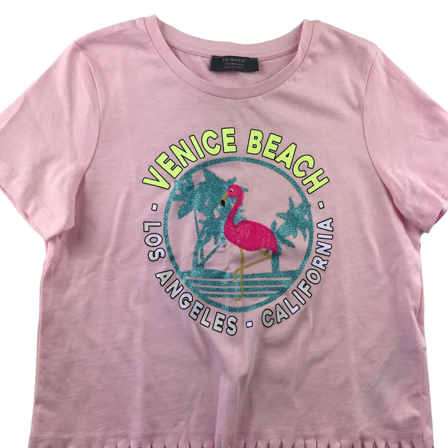 Primark t-shirt 7-8 years pink cropped Venice Beach print fringe hem cotton