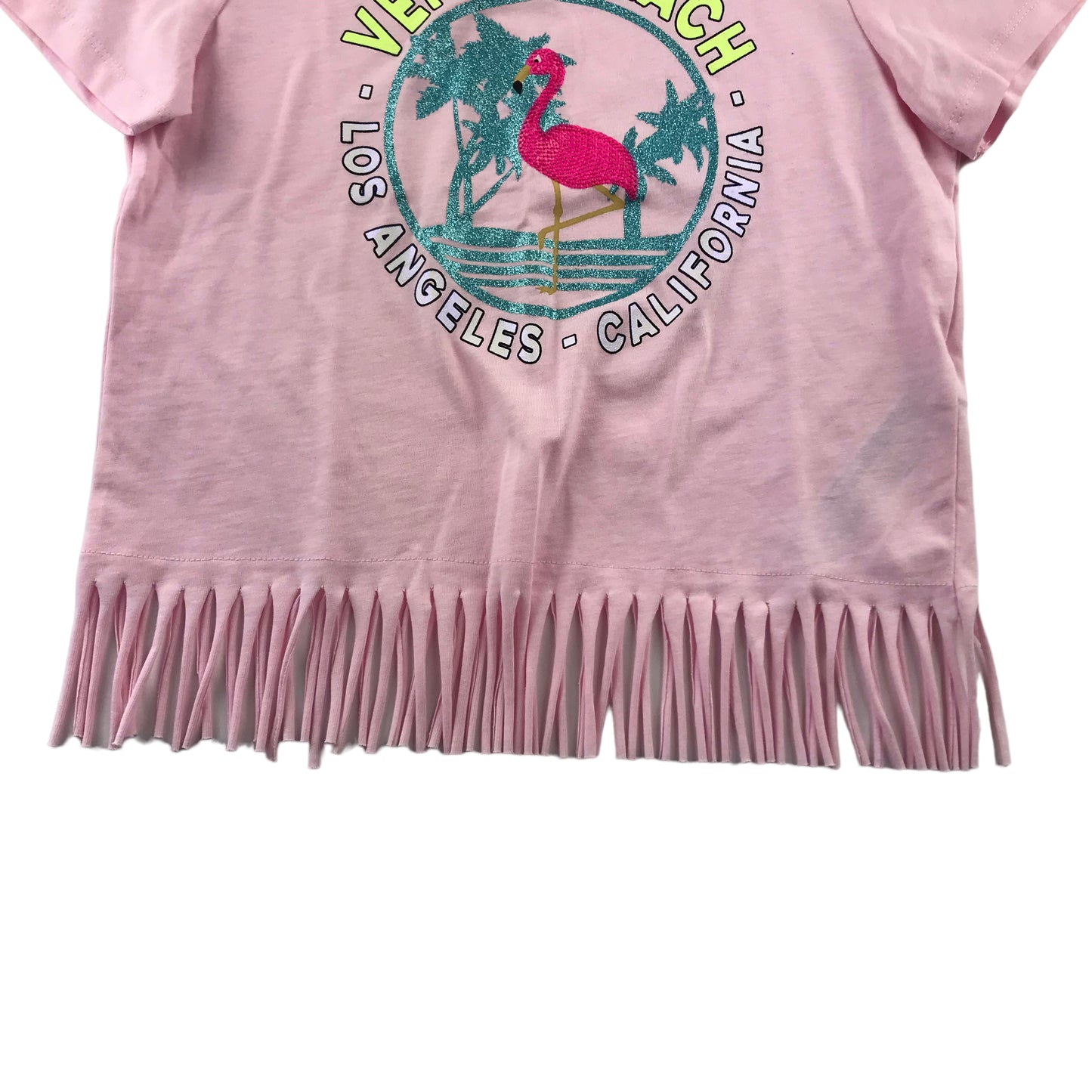 Primark t-shirt 7-8 years pink cropped Venice Beach print fringe hem cotton