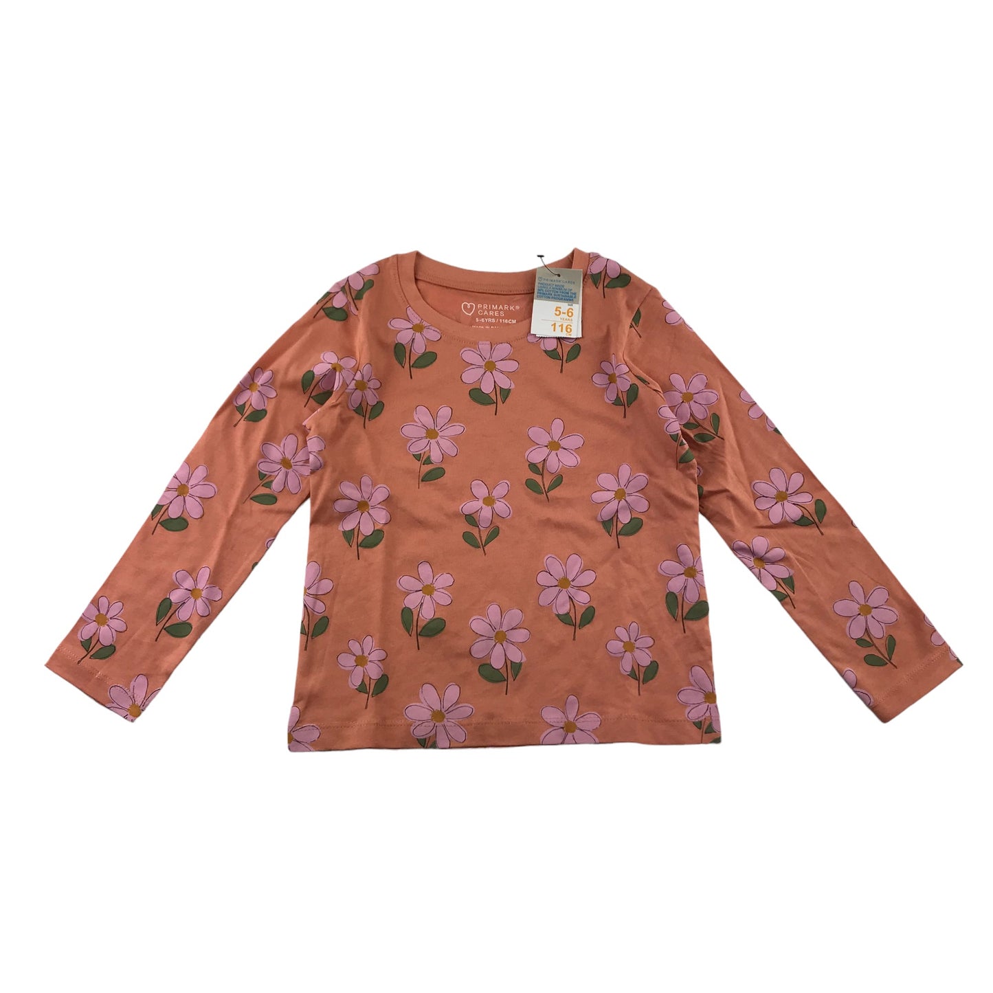 Primark t-shirt 5-6 years peachy orange long sleeve floral pattern cotton