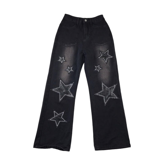 Jeans womens size XS charcoal grey flared high waist with faux leather stars