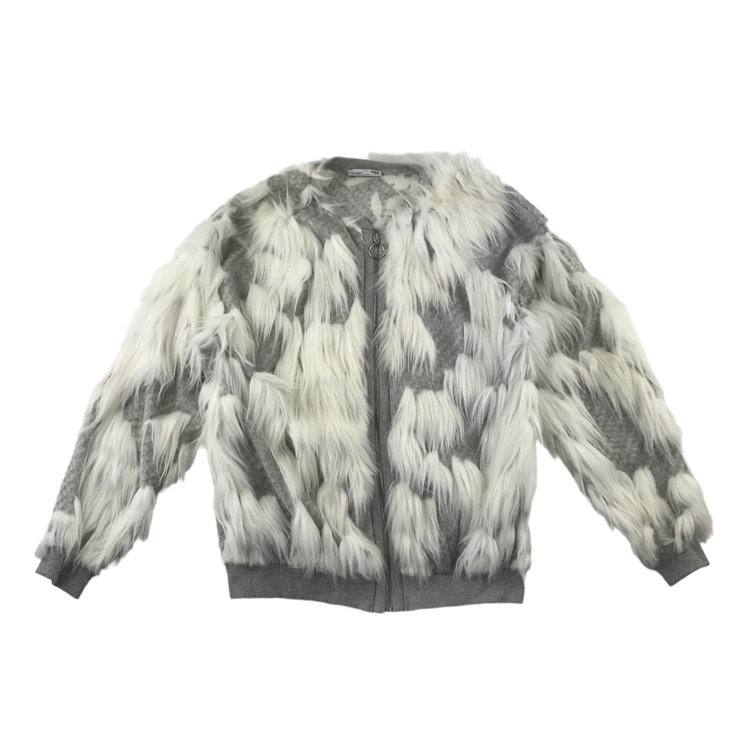 Zara jacket women size M grey and white faux fur knitted bomber