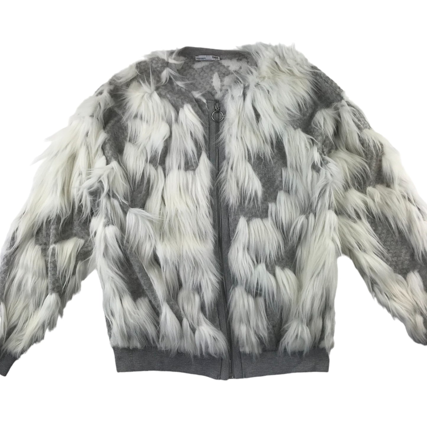 Zara jacket women size M grey and white faux fur knitted bomber