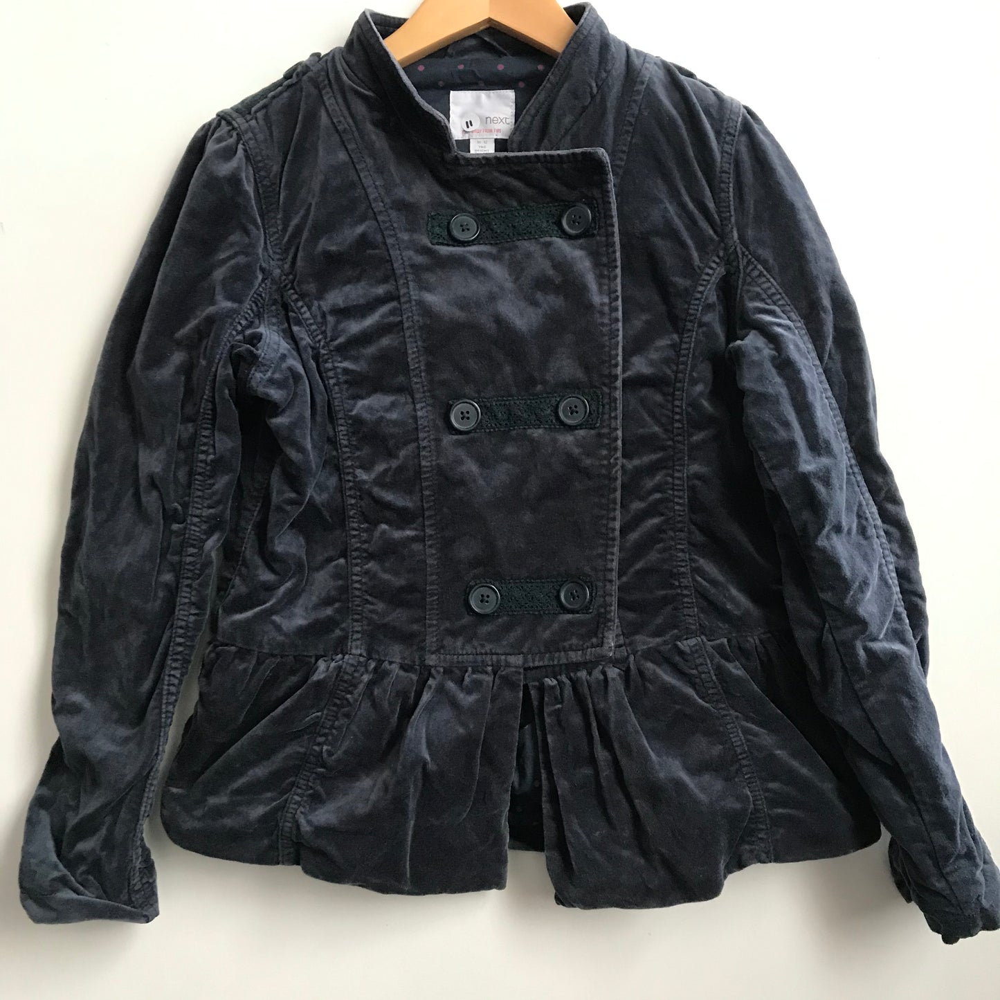 NEXT Dark Grey Velvet Double Breasted Light Jacket Age 10