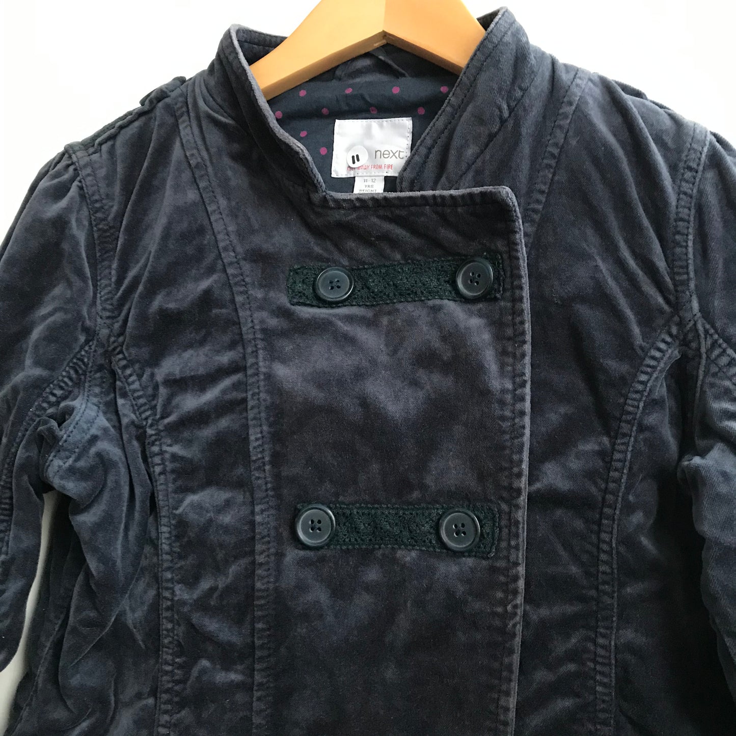 NEXT Dark Grey Velvet Double Breasted Light Jacket Age 10