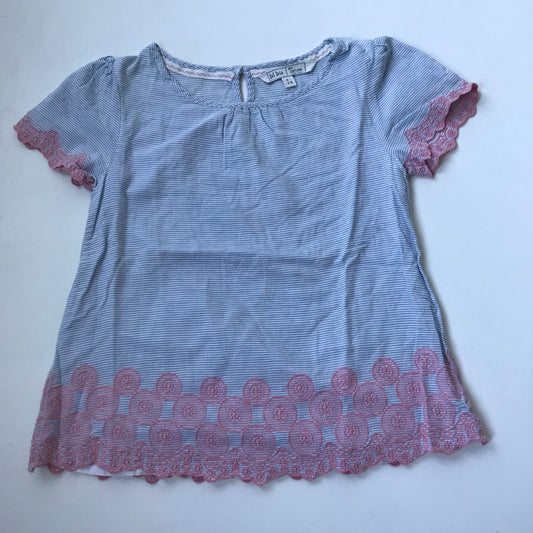 Fatface Light Blue Stripy T-shirt with Pink Embroidered Details Age 6
