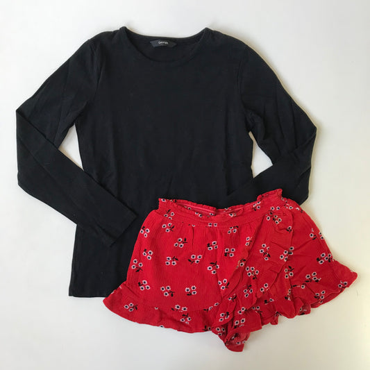 George Black T-shirt and Primark Red Floral Shorts Bundle Age 8