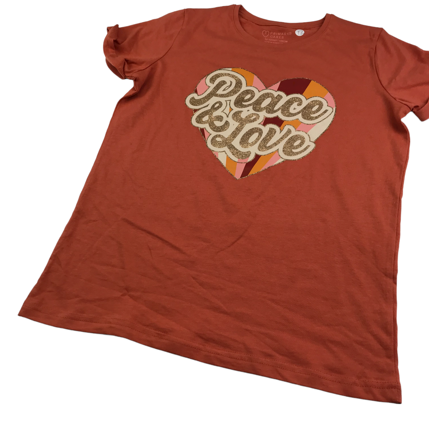 Primark Orange Peace & Love Love Heart T-shirt Age 12