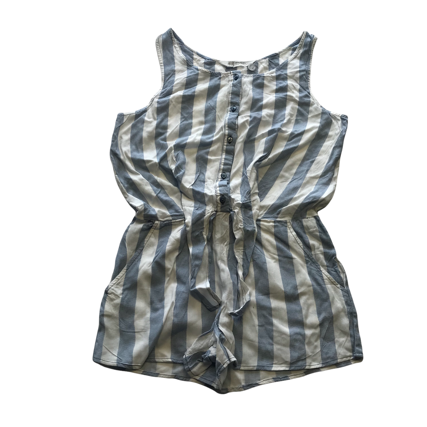 H&M White and Blue Stripy Playsuit Age 12