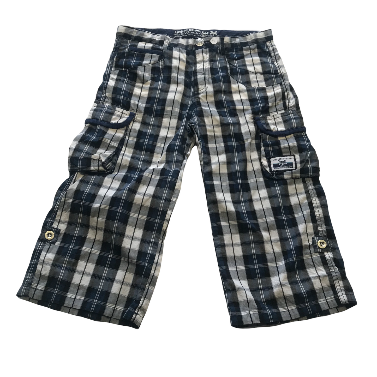 Le Chic Blue and White Check Cargo Capri Shorts Age 12