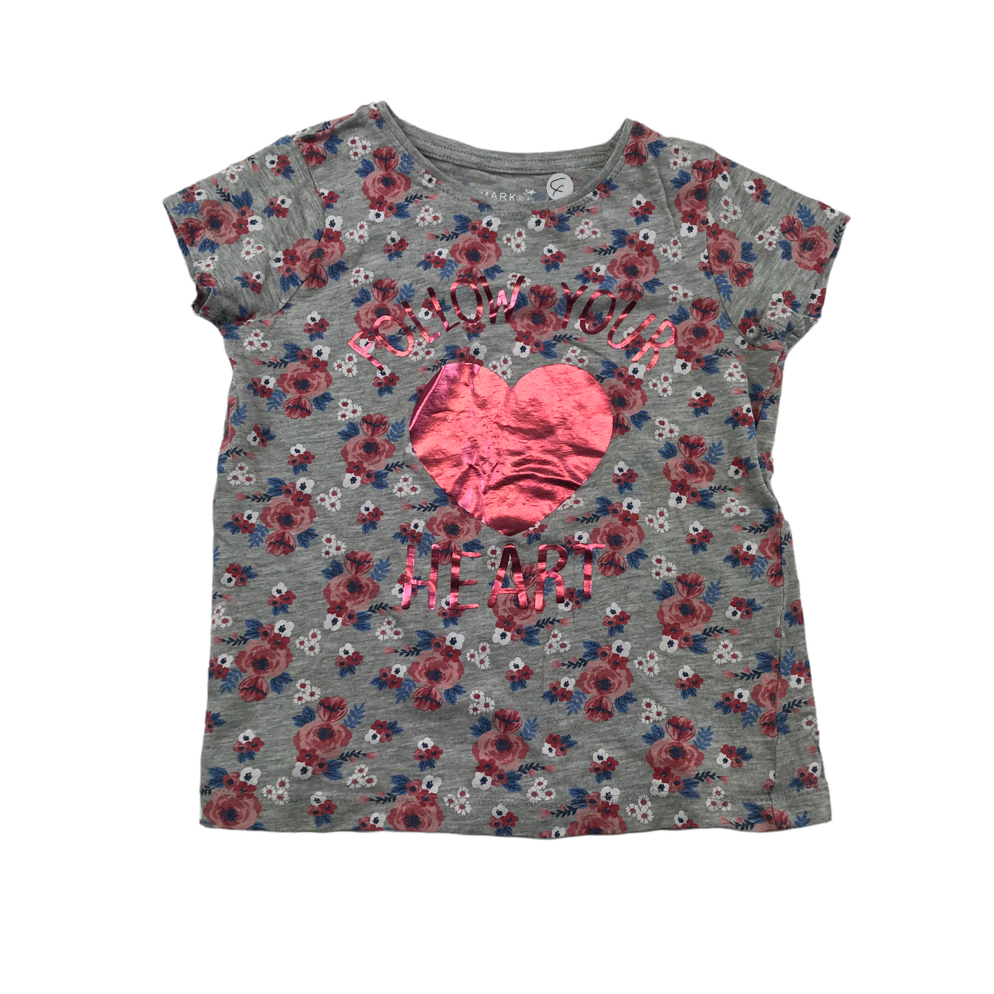 Primark Grey Floral Rose Love Heart T-shirt Age 4