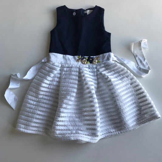 White and Navy Dress with Embroidery detail Age 4