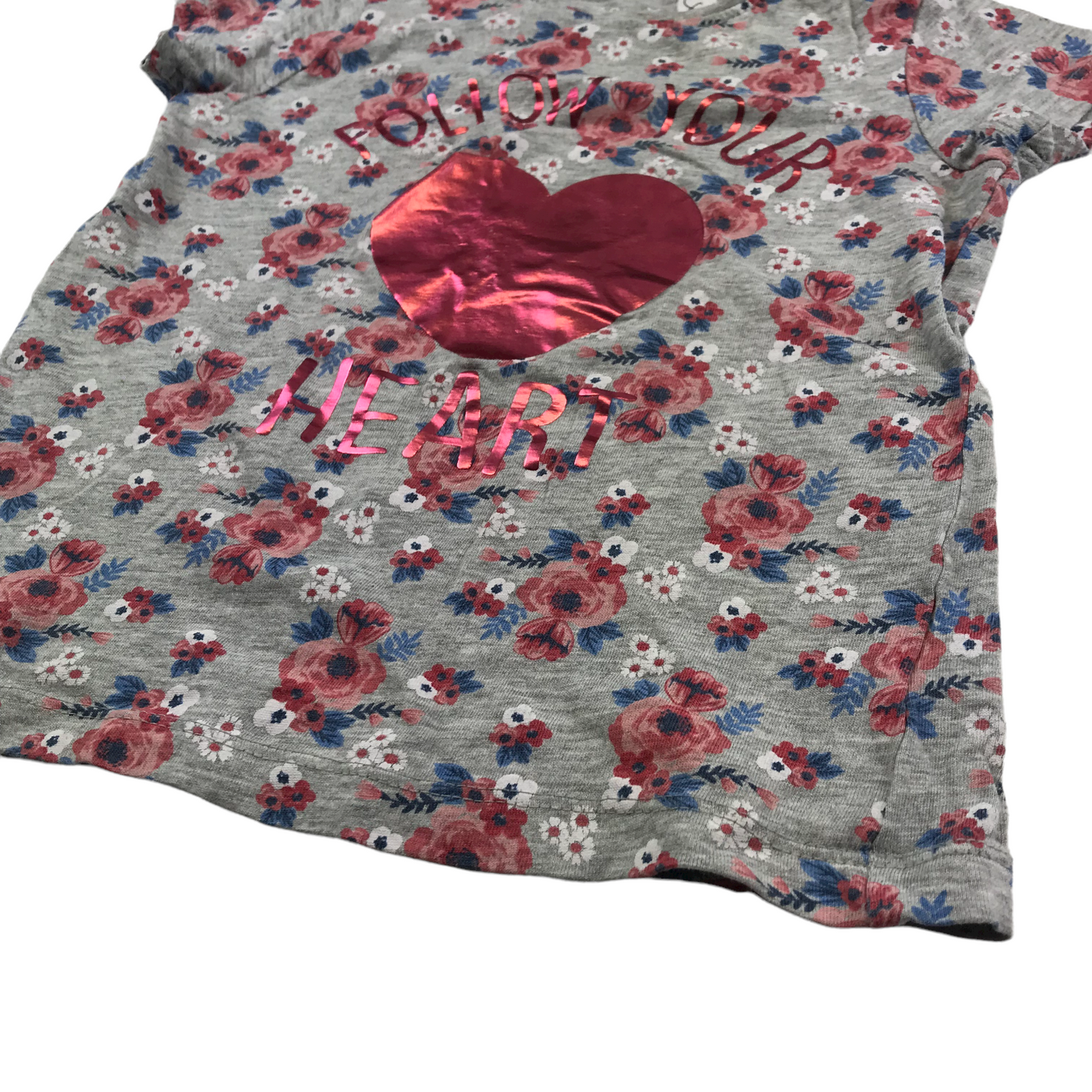 Primark Grey Floral Rose Love Heart T-shirt Age 4