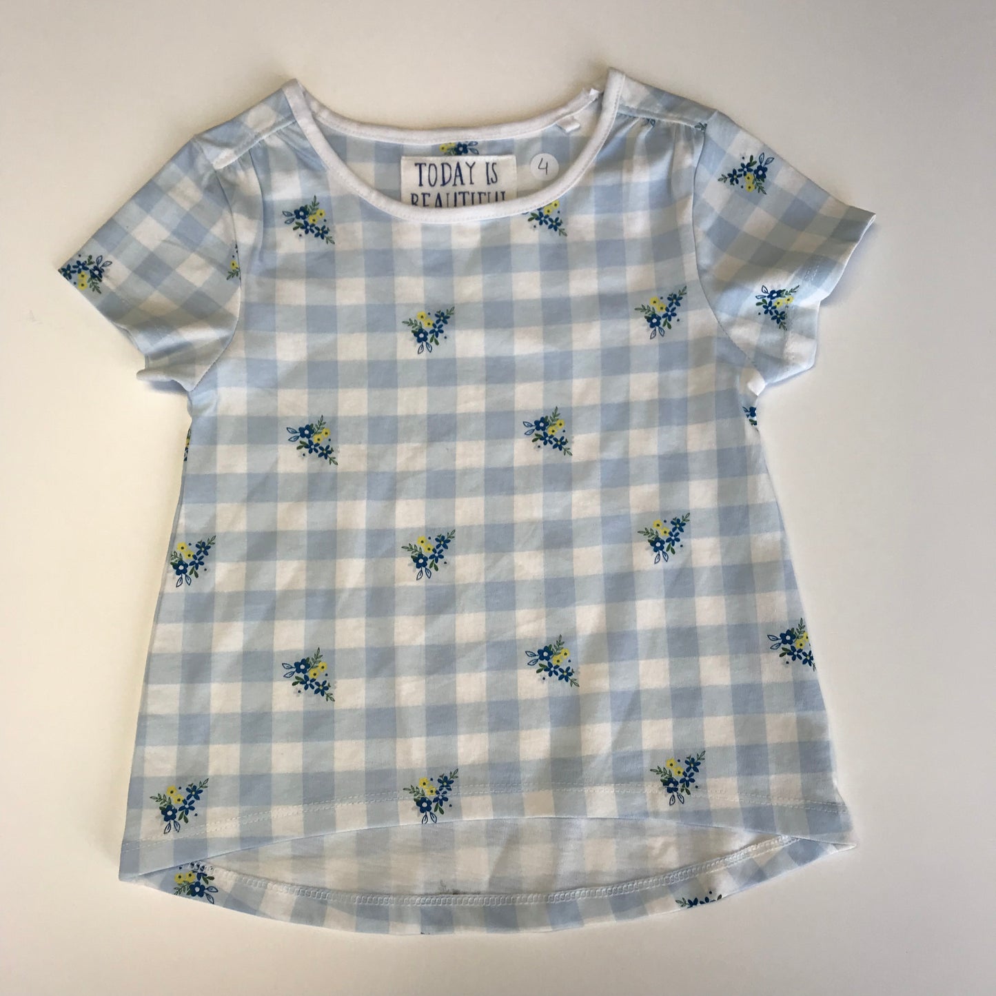 Tu Light Blue Checked Floral T-shirt Age 4