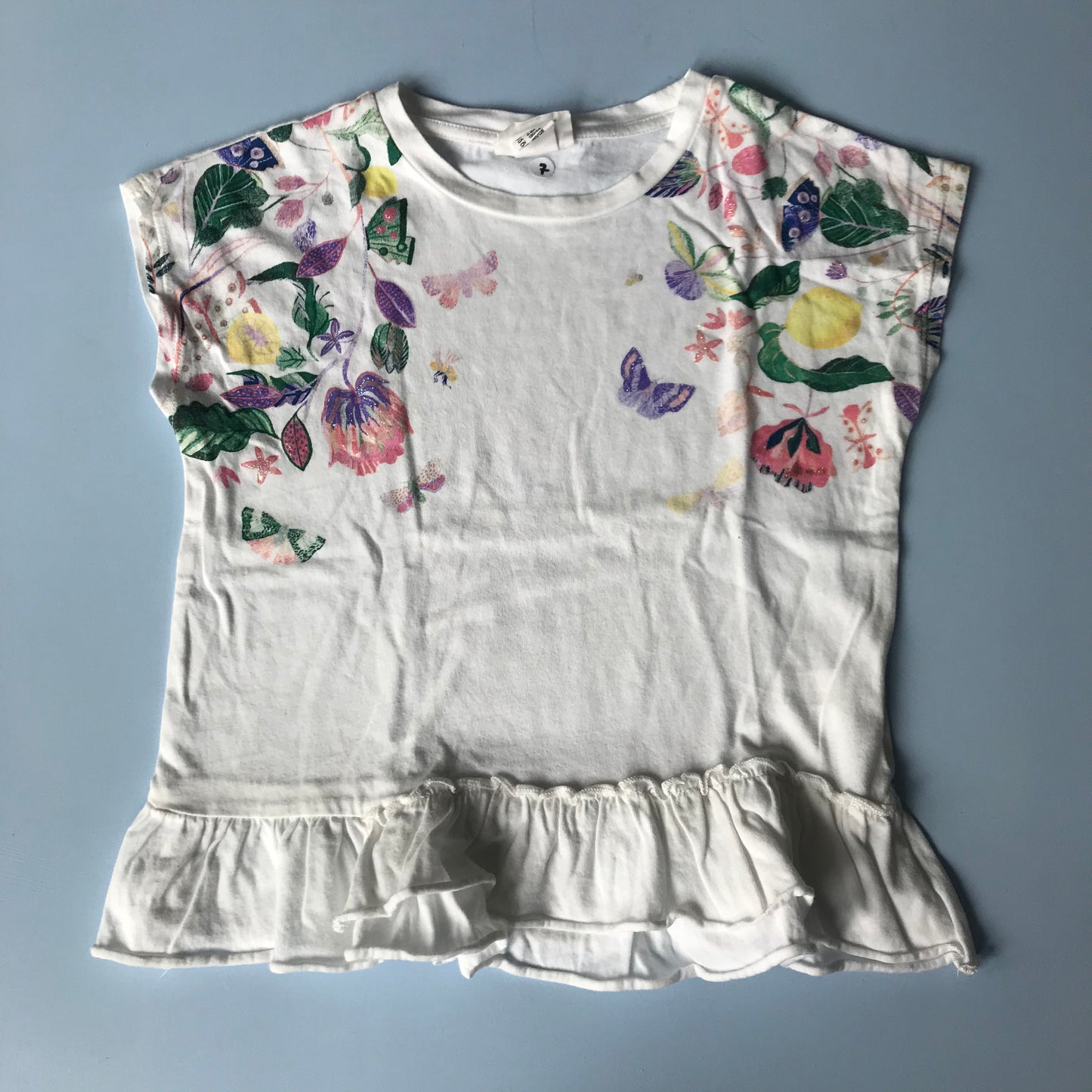 T-shirt - White Floral & Frill - Age 7