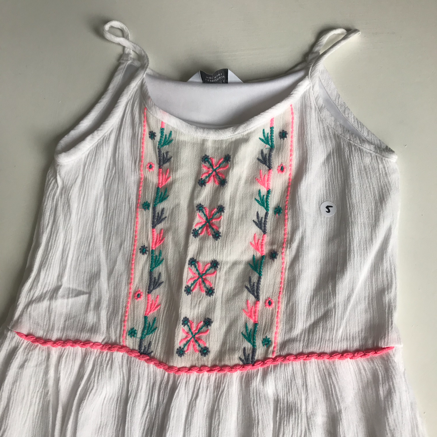 Dress - White With Embroidery - Age 5