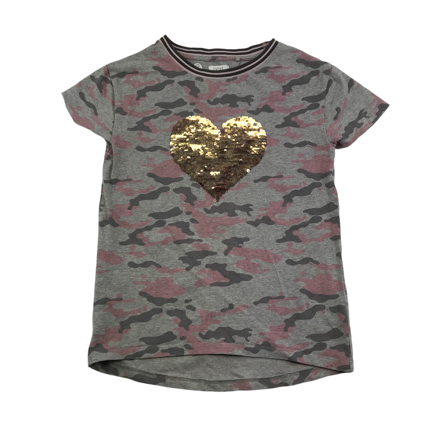 Next Grey Camo Sequin Reverse Love Heart T-shirt Age 8