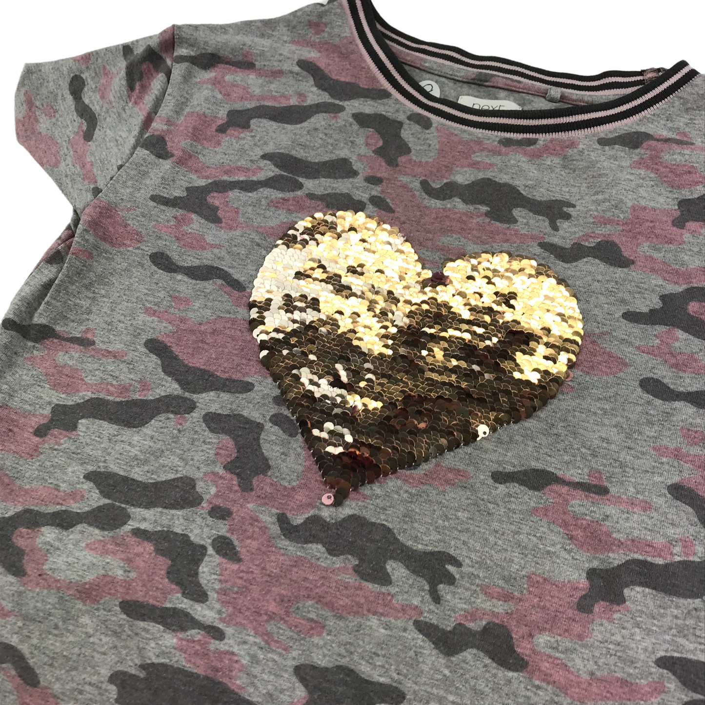 Next Grey Camo Sequin Reverse Love Heart T-shirt Age 8