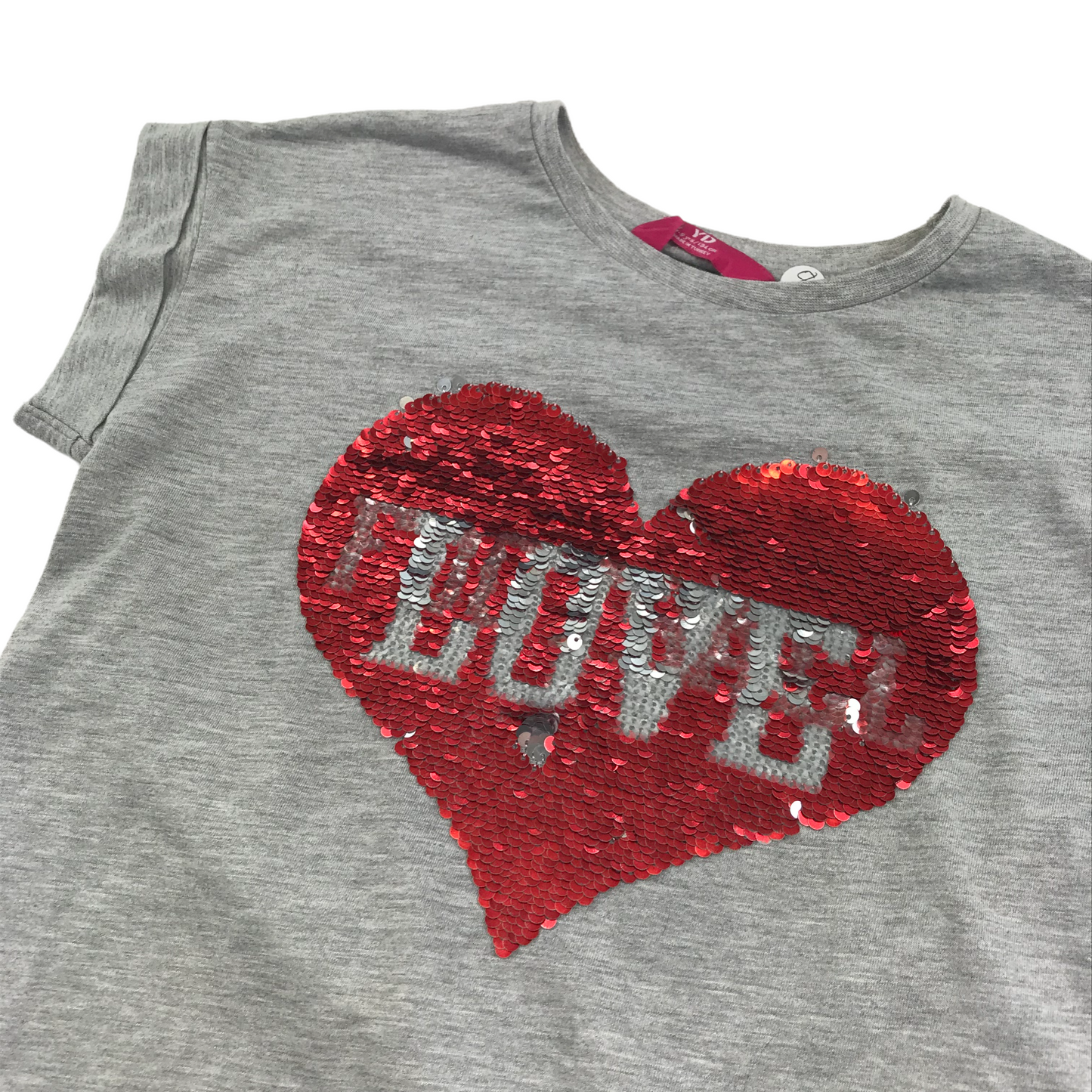 YD Grey Sequin Love Heart T-shirt Age 8