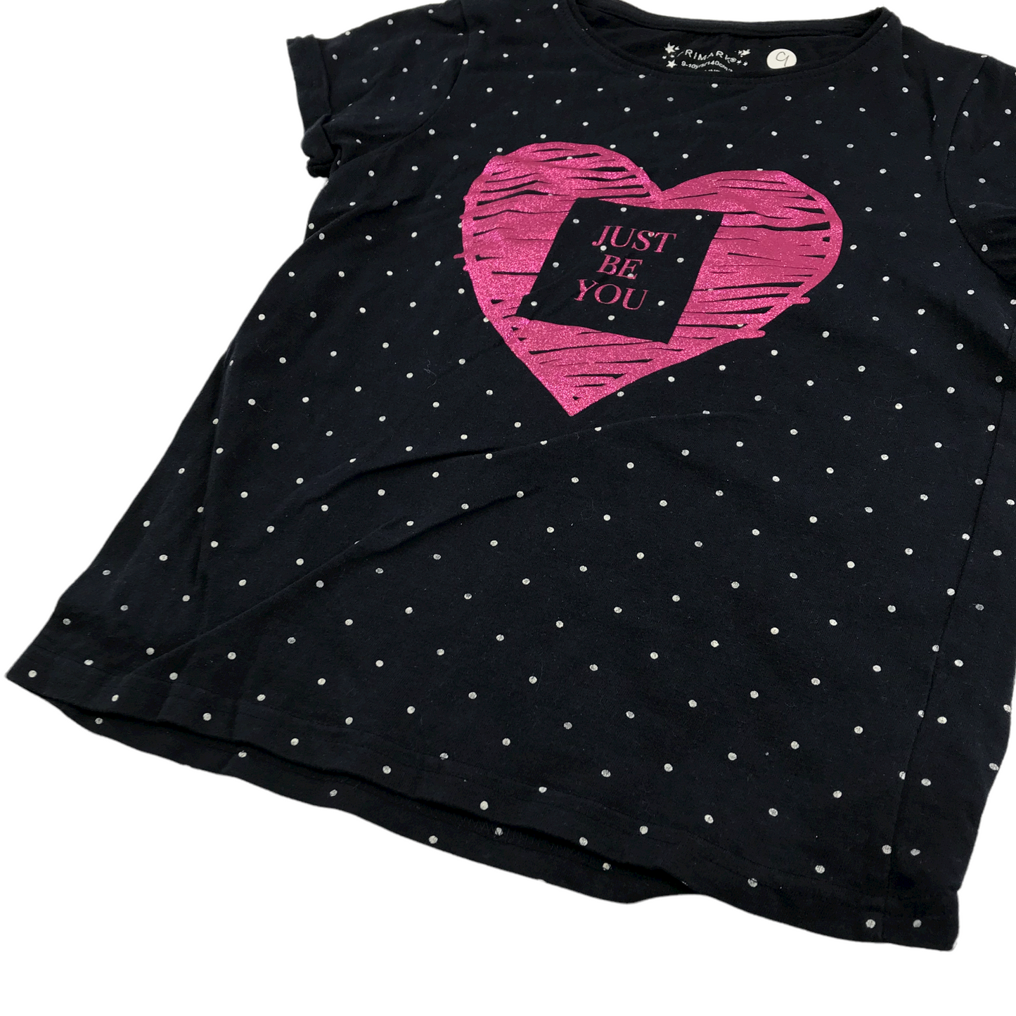 Primark Navy Blue Love heart Graphic T-shirt Age 9