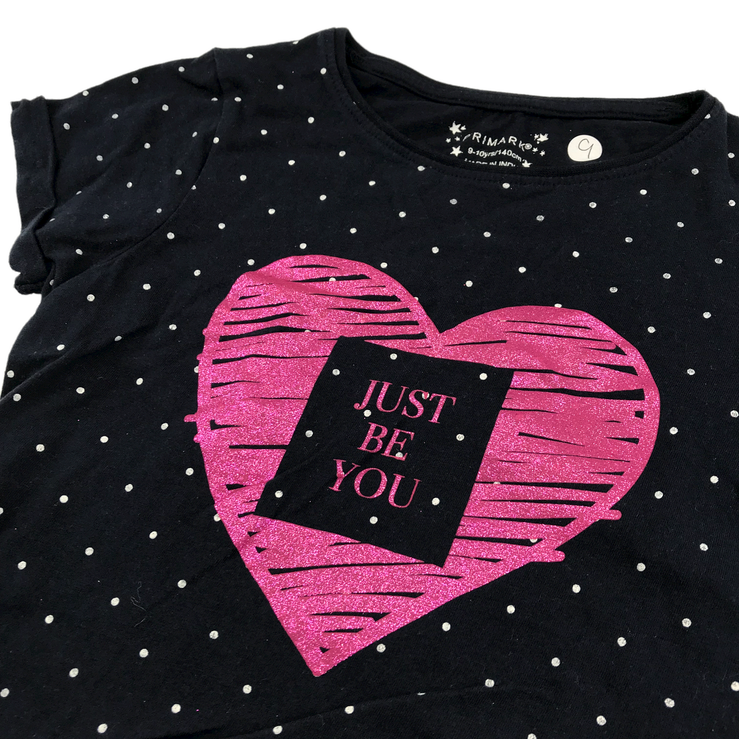 Primark Navy Blue Love heart Graphic T-shirt Age 9