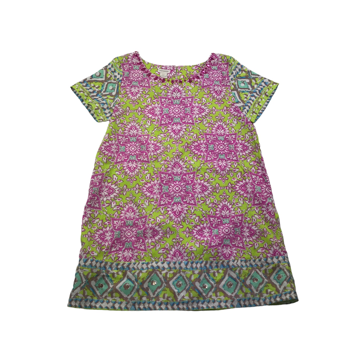 Monsoon Green and Pink Pattern Mini Dress Age 11