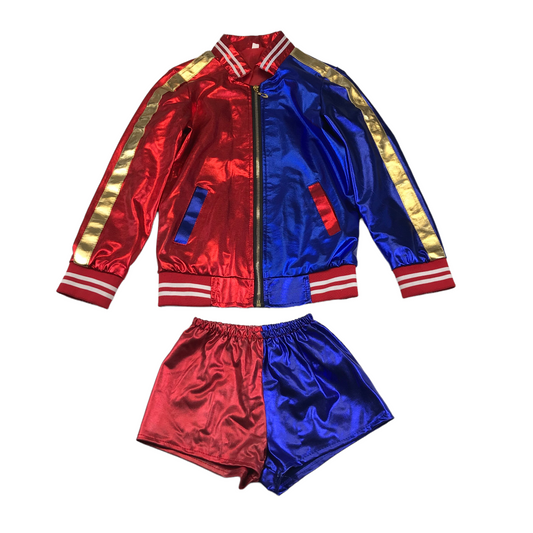 Harley Quinn Blue Red Jacket and Shorts Costume Age 7-9