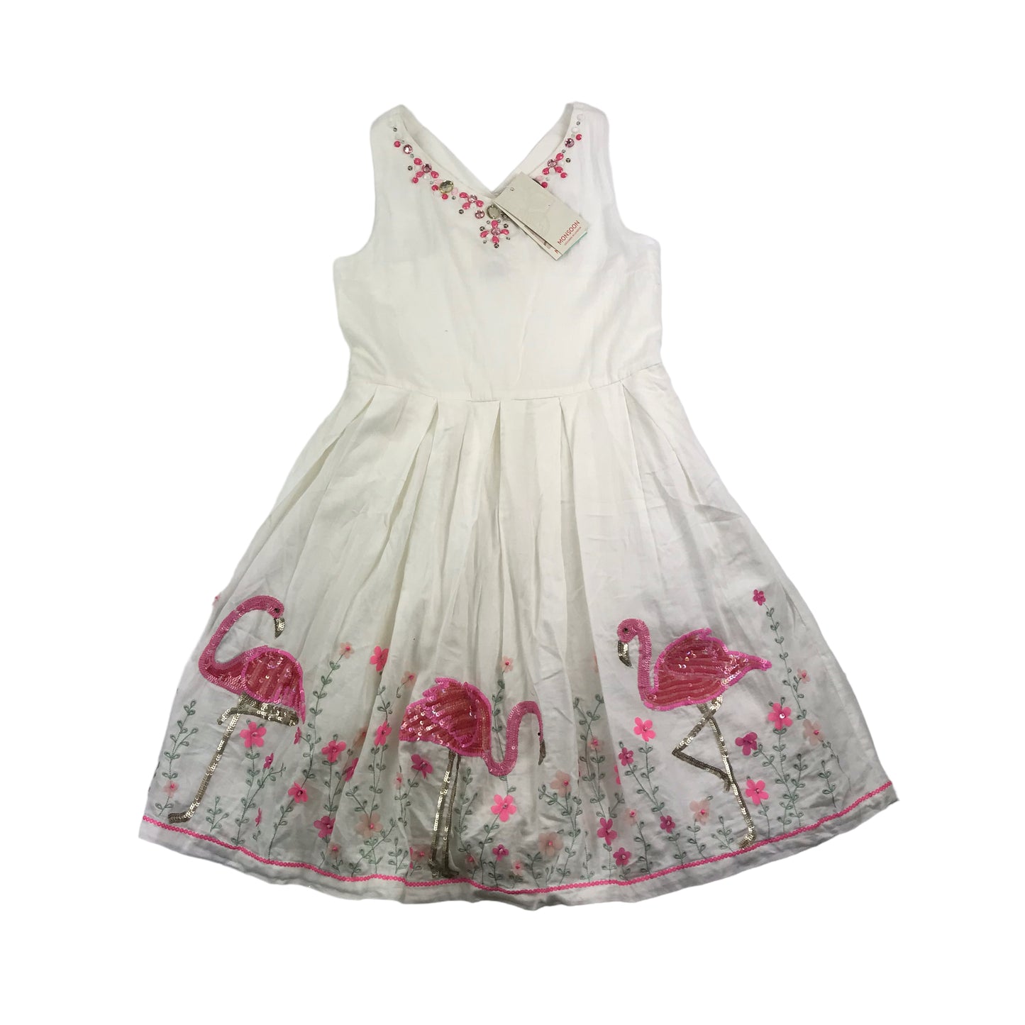 Monsoon White Flamingo Sequin Cotton Dress Age 12