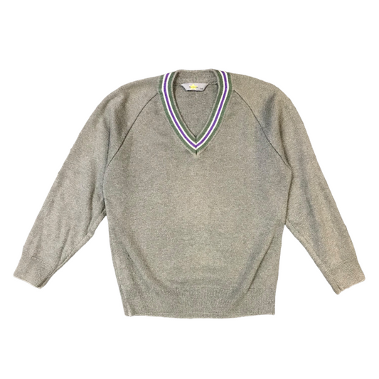 Notre Dame Primary Grey School Jumper with Purple Green V-neck