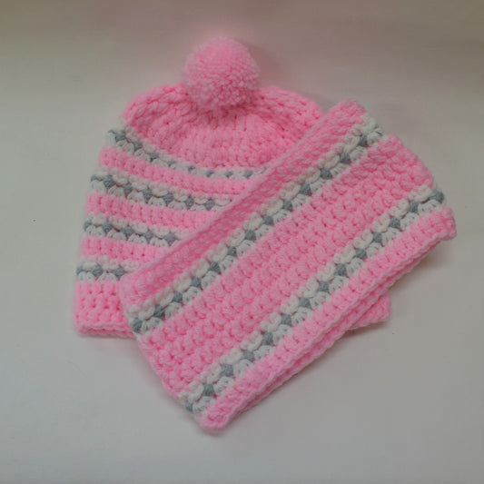 Pink Knitted Bobble Hat and Scarf Set
