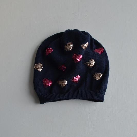 H&M Navy Beanie Hat Sequin Hearts Age 4