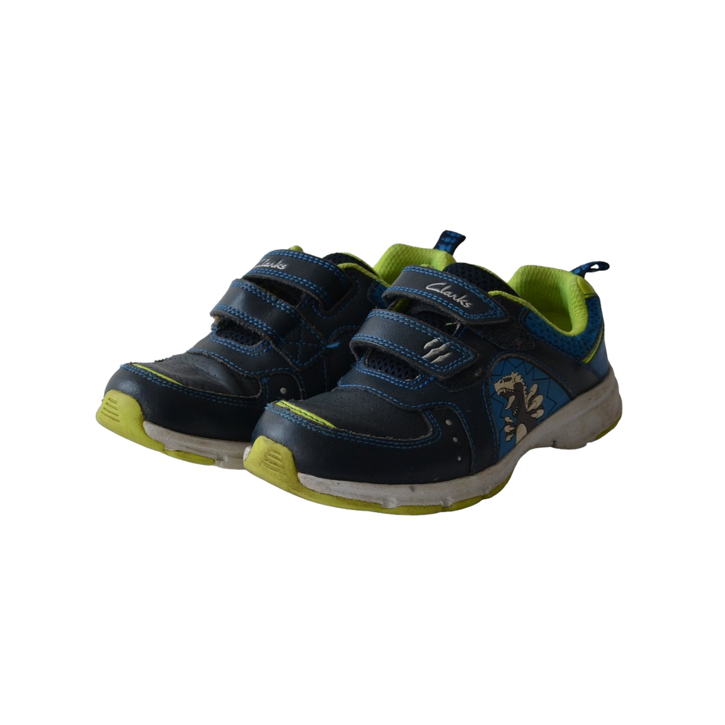 Clarks Navy Blue and Neon Dinosaur Trainers Shoe Size 10.5 (jr)