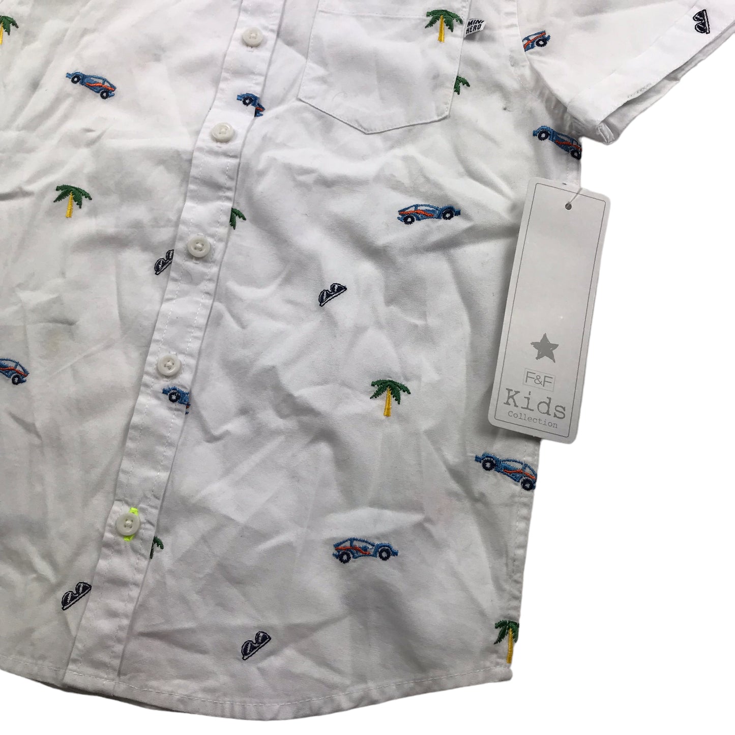 F&F White Car and Palm Trees Embroidery Short Sleeve Shirt Age 5