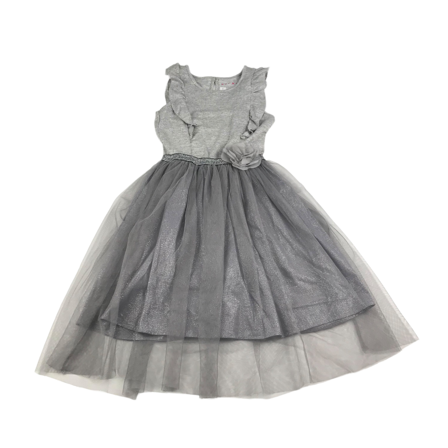 Nutmeg Grey Mesh Skirt Dress with Flower Detail Age 8