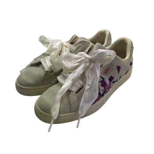 Puma White and Purple Suede Flowery Embroidery Trainers Shoe Size 6.5