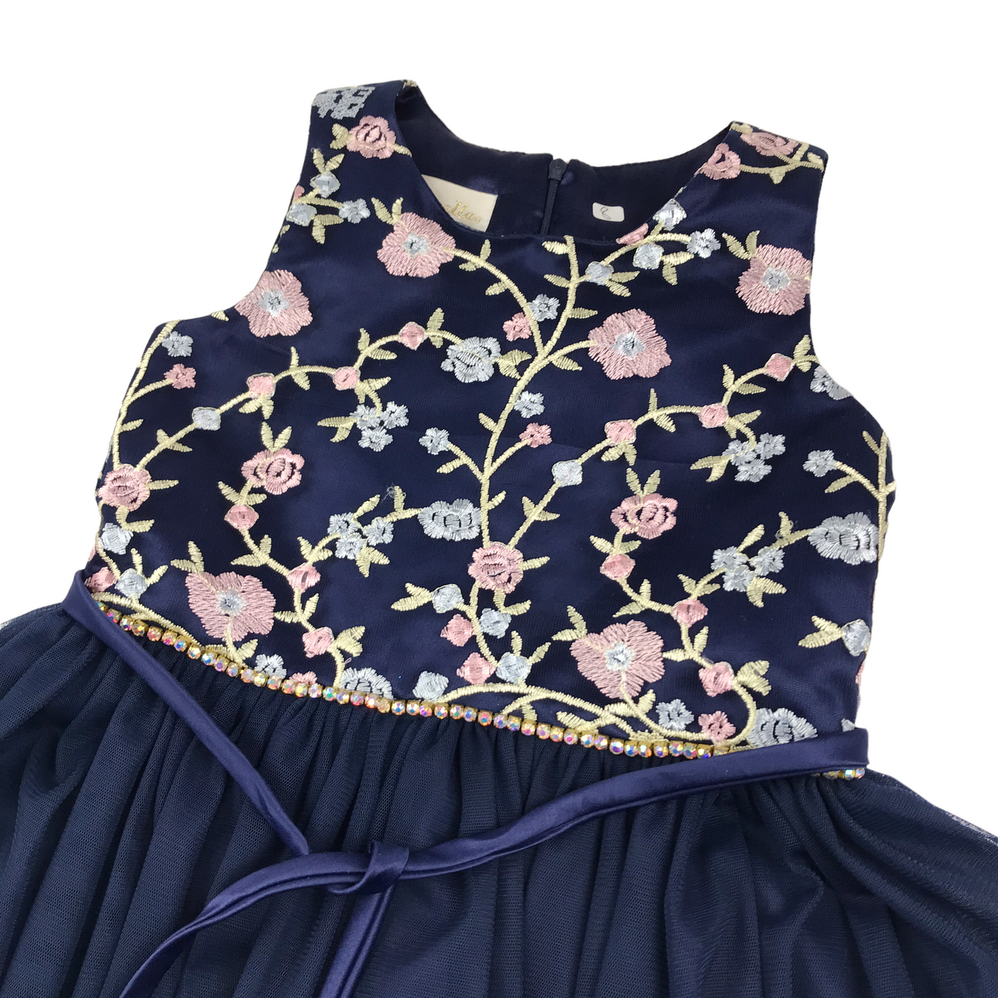 Cinderella Navy Blue Floral Embroidery Tulle Dress Age 8