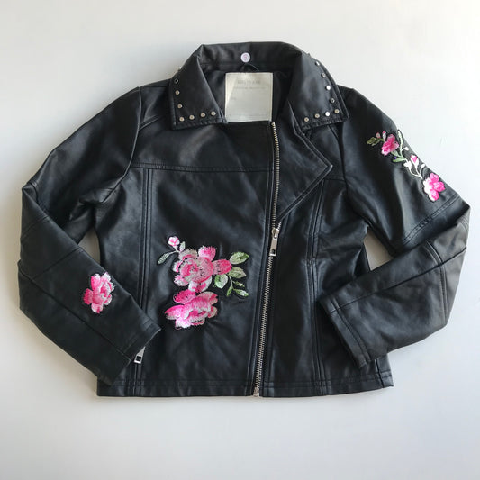 Faux Leather Biker Jacket with Floral Embroidery Age 9