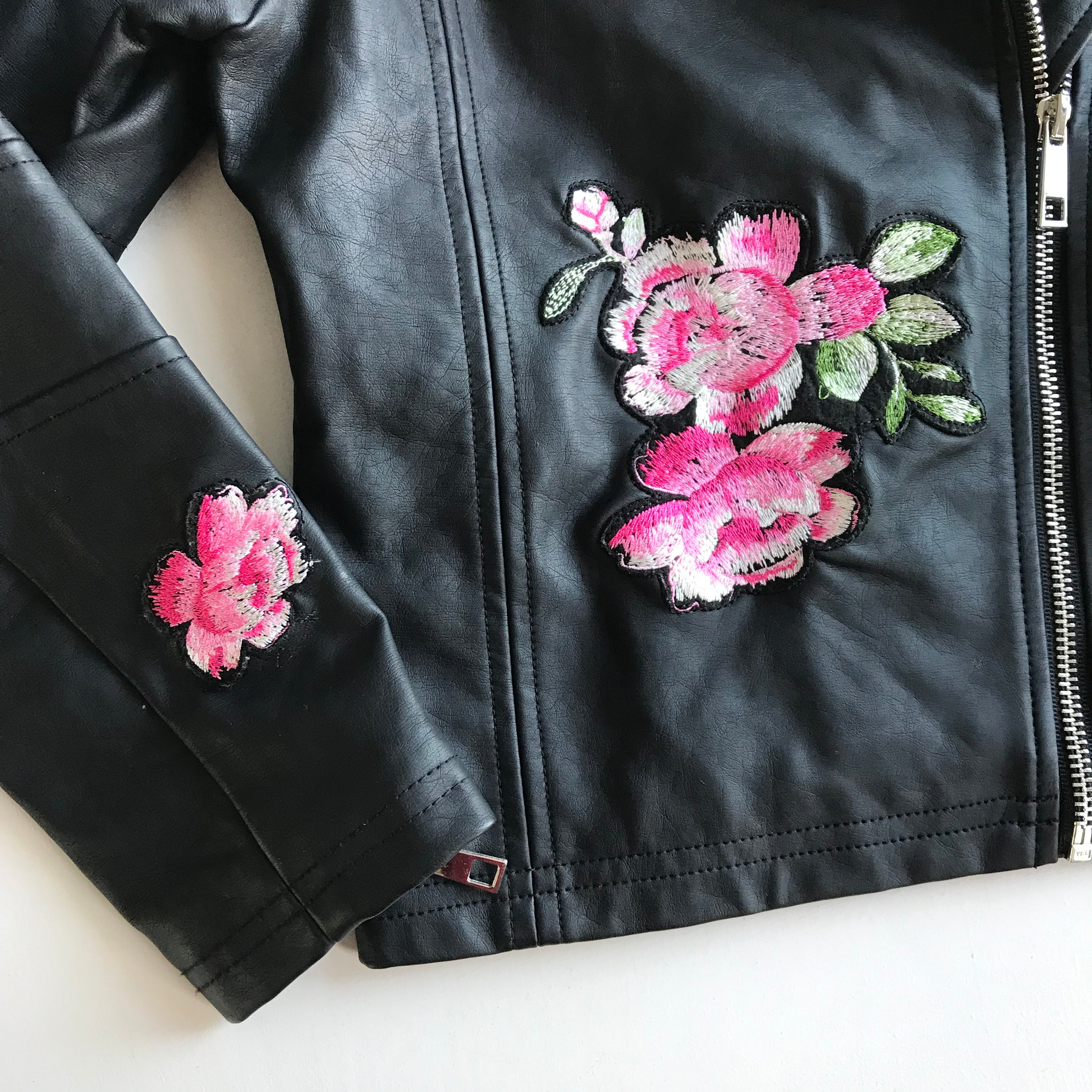 Faux Leather Biker Jacket with Floral Embroidery Age 9