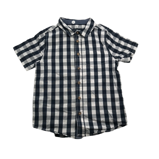 F&F Navy Blue and White Checked Short Sleeve Shirt Age 6