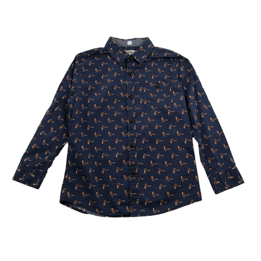 M&S Navy Blue Pheasant Pattern Long Sleeve Shirt Age 7