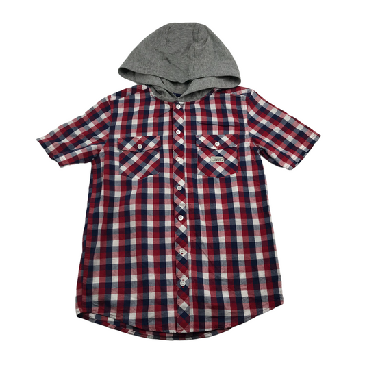 Firetrap Red and Navy Check Hooded Short Sleeve Shirt Age 10
